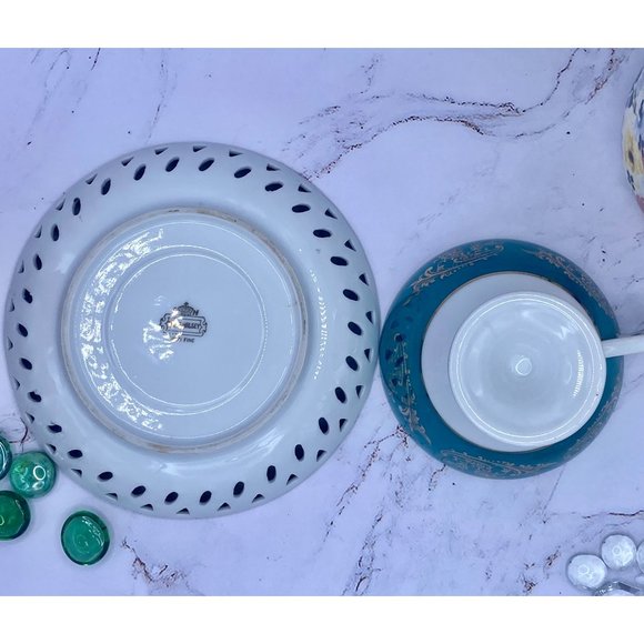 Royal Halsey teacup & filigree saucer Lusterware, green, hand painted, beautiful - Picture 5 of 12